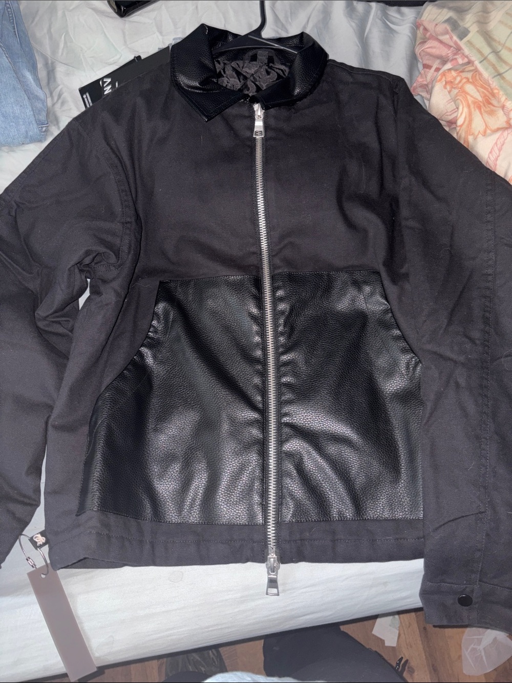 Black Bomber Jacket with Faux Leather Front Panel